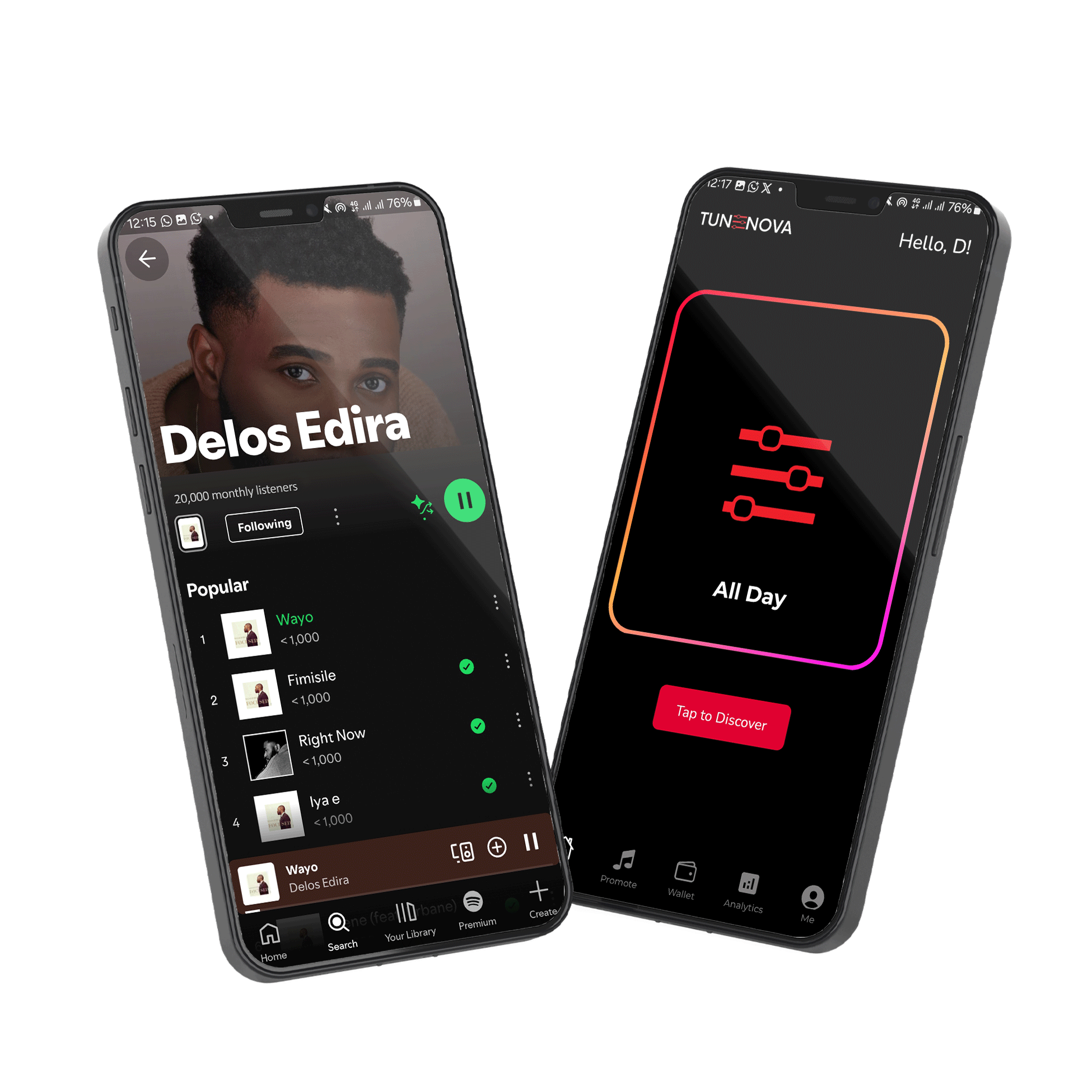 Tunenova app showing music discovery and artist profiles